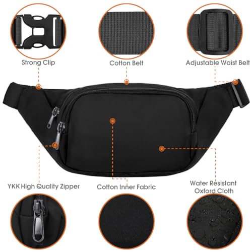 Large Fanny Pack for Women & Men - 3-Zipper Pockets - Black