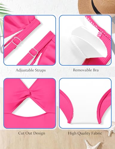 Girls One-Piece Ruffle Swimsuit with Cover-Up Skirt - Hot Pink, 15-16 Years