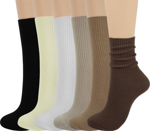 Thin Solid Cotton Crew Socks for Women - Above Ankle, 9-11, Black Cream White Khaki Light Brown Coffee