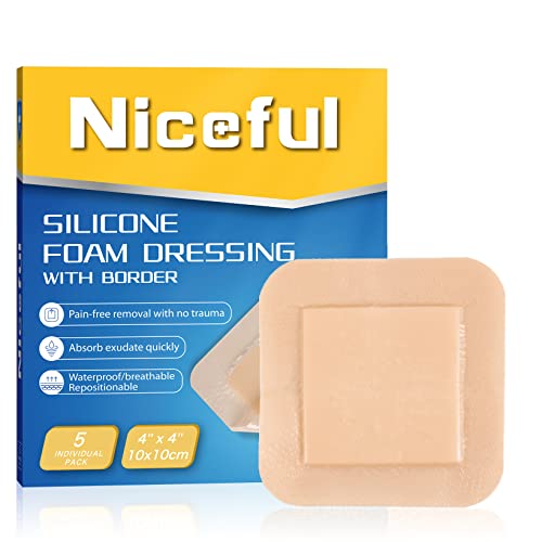 Waterproof Silicone Foam Dressings 4"x4" with Adhesive Border - 5 Pack