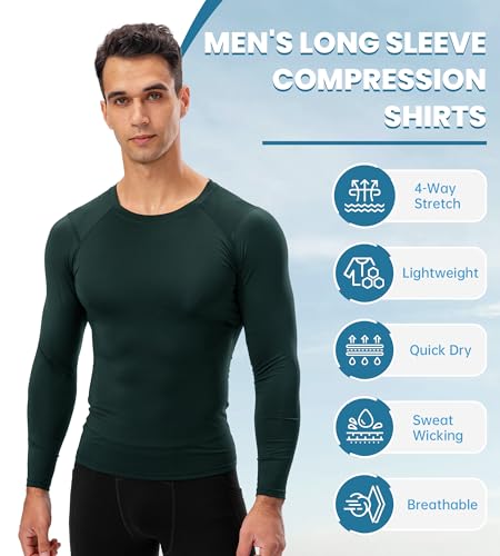 Men's Long Sleeve Compression Shirt - Athletic Base Layer - Dark Green, Medium