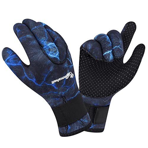 Summshall 3MM Camo Blue Neoprene Diving Gloves for Men & Women - Thermal, Non-Slip, Adjustable Wrist