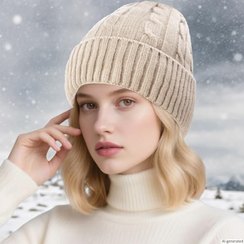 Warm Fleece Lined Winter Beanie Hat for Women - Beige