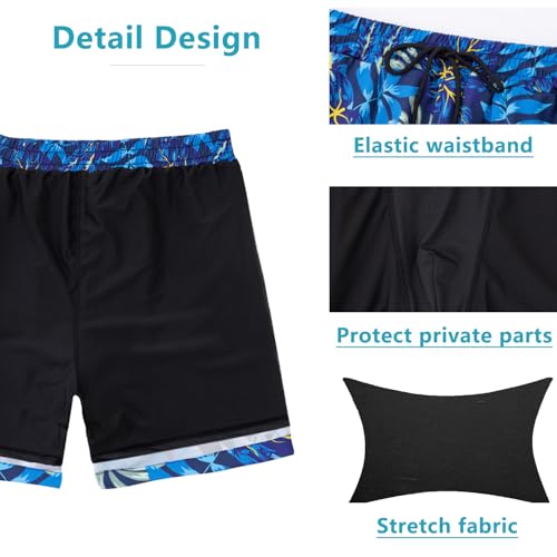 Men's Swim Trunks with Compression Liner - 7" Quick Dry - XX-Large Blue Palm Leaf