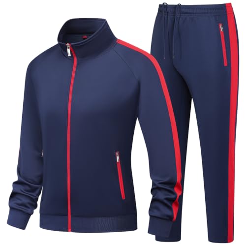 Women's Blue Red Large Long Sleeve Athletic Tracksuit Set - Full Zip Sweatsuit for Women