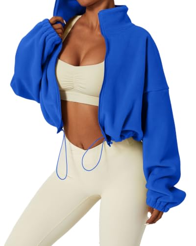 QINSEN Women's Full Zip Fleece Short Jacket - Warm Winter Sherpa Crop Coat, Medium/Klein Blue