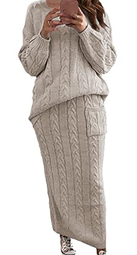 CHARTOU Women's Winter Chunky Cable Knit Long Skirt 2-Piece Outfit Set, X-Large Apricot