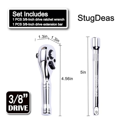 3/8-Inch Drive Ratchet Wrench, 72-Tooth Stubby Quick-Release Socket Wrench with a Extension Bar(5 inch), Reversible Switch, Chrome Alloy Made, Full-Polished Chrome Plating