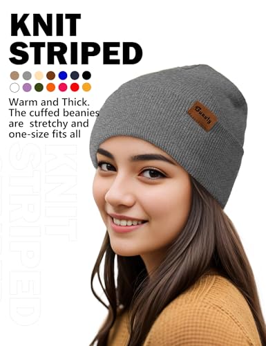Knit Winter Beanie Hat for Men & Women - Warm Striped Cuffed - Black & Grey
