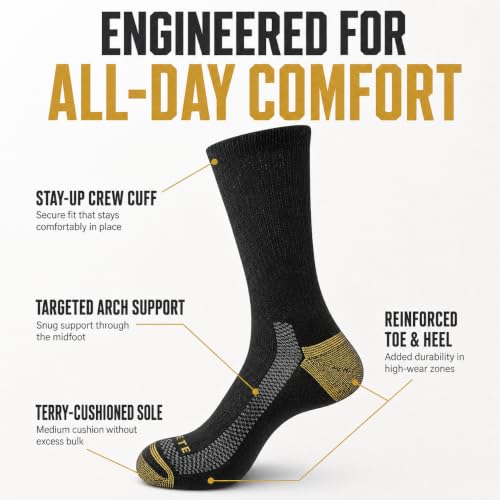 Men's Athletic Crew Socks - Light Cushion Work Socks, Large, Black/Gold (5 Pairs)