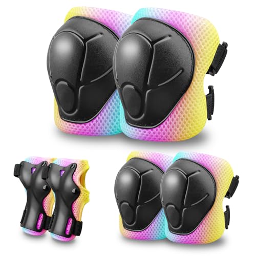 Kids Protective Gear Set - Knee & Elbow Pads with Wrist Guards - Pink/Blue/Yellow, Size S (3-8 Years)