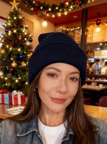 Stretchy Knit Cuffed Beanie - One Size Navy Blue
