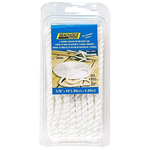 SEACHOICE 3/8 inch x 10 ft Twisted Nylon Dock Line - White, Marine Rope