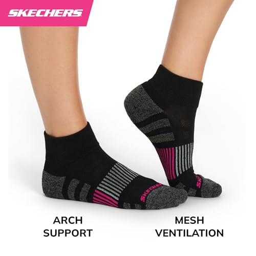 Skechers Women's 8-Pack Work Collection Crew Socks with Extra Cushion & Mesh Ventilation, Size 9-11, Black/Pink Glo/Bluefish