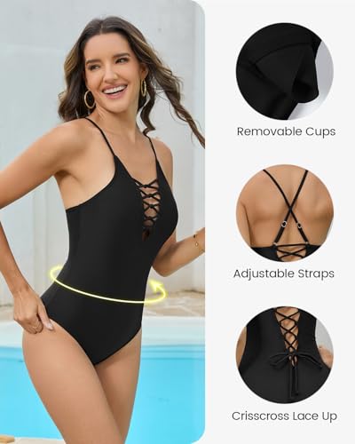 Women's Cutout One Piece Swimsuit - Deep V Neck, Cross Back, X-Large - Black