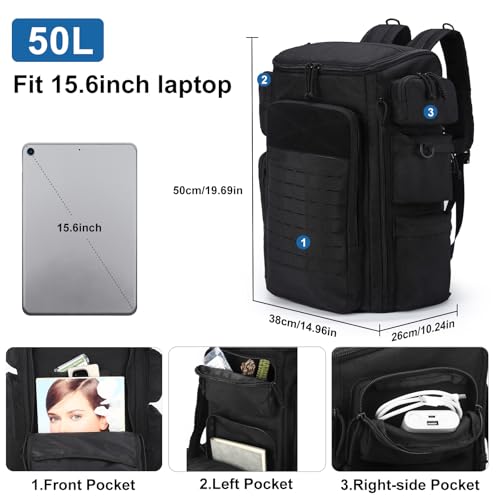 Black 50L Waterproof Tactical Military Backpack with MOLLE System