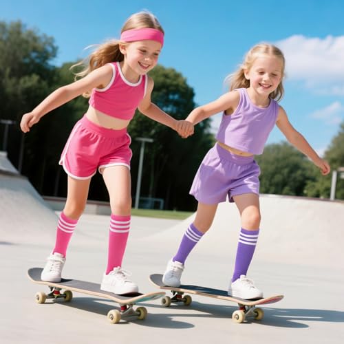 Kids Knee High Soccer Socks - 4 Pairs in Black, Purple, Pink, Blue - Seamless Toe