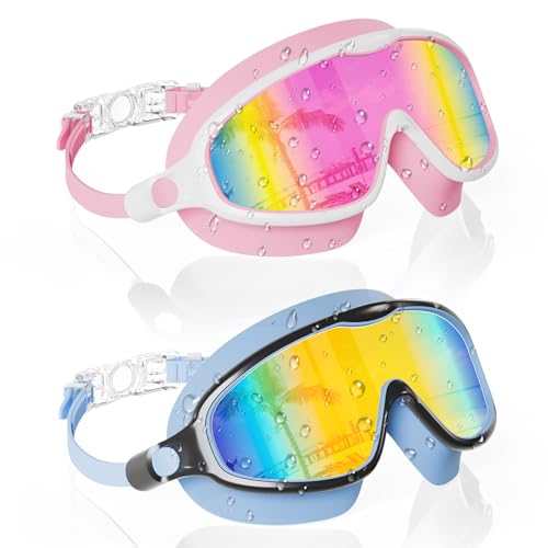 Aegend Kids Swim Goggles Wide Frame Anti-Fog Pink & Blue for Ages 3-14