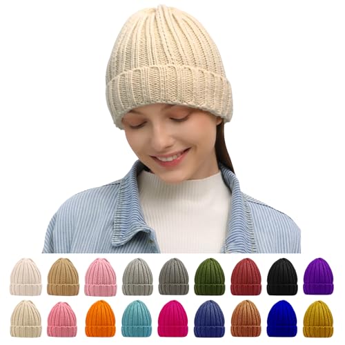 Warm Beige Cable Knit Beanie for Women - Thick Soft Winter Hat