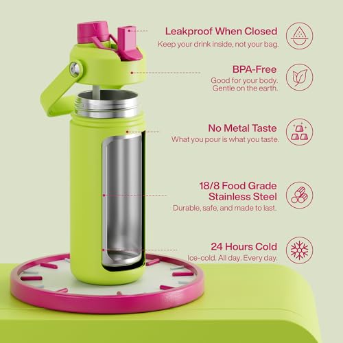 ENCOOL 18 oz Insulated Stainless Steel Water Bottle with Straw - Leakproof, BPA-Free, Double Wall Vacuum, Acid Green