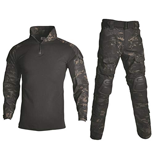 Men's Tactical Military Combat Uniform Set with Knee Pads - Black Camo, X-Large