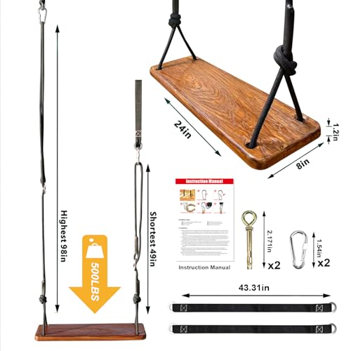 JMZOO Dark Brown Wooden Swing with Adjustable Climbing Rope & Tree Straps