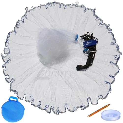 Drasry 10FT Cast Net with 3/8 Inch Mesh, Mono Zinc-Iron Sinkers, White B