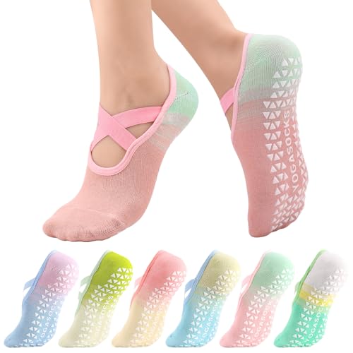 Pilates Socks for Women - 6 Pairs Gradient Cotton Yoga Socks with Straps