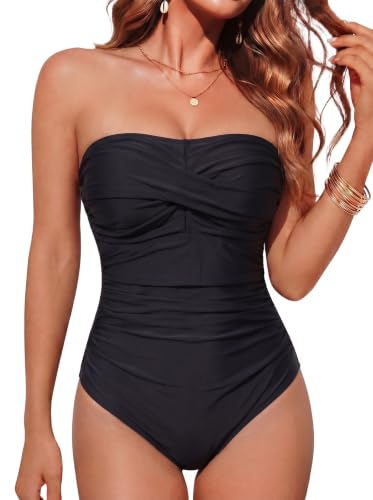 Smismivo Tummy Control Swimwear One-Piece - Black, Large, Strapless Ruched Bandeau
