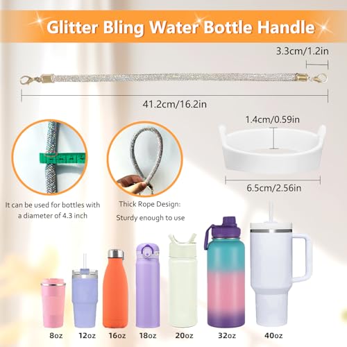 White Glitter Handle for Stanley Cup Water Bottle - Bling Tumbler Carrier with Strap