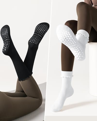 Non-Slip Pilates Socks for Women - Ruffle Crew - 4 Pack Multicolor