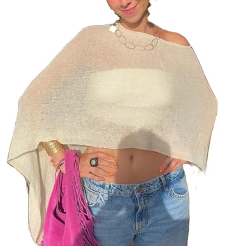 Seyurigaoka Creamy White Sheer Poncho Top with Off-Shoulder Mesh Cover Up - One Size