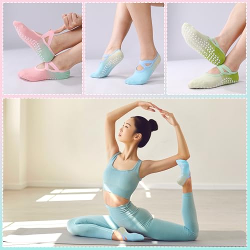 Pilates Socks for Women - 6 Pairs Gradient Cotton Yoga Socks with Straps