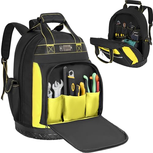 Tool Backpack, Tools Bag with Multi-Use Pockets, Waterproof Tool Bag with Padded Shoulder, Back, and Waist Straps