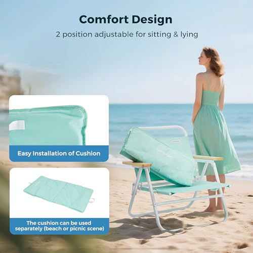 SunnyFeel Green Foldable Beach Chair with Wood Armrest & Cushion - Lightweight Camping & Outdoor Seat