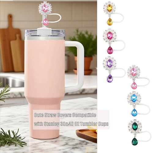 6-Piece 10mm Glitter Straw Covers Set - Vintage Diamond Style - Pearl Diamond