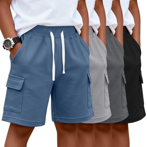 Halfchet Boys Cargo Shorts 4-Pack for Ages 5-14 with Variations in Blue Gray Black