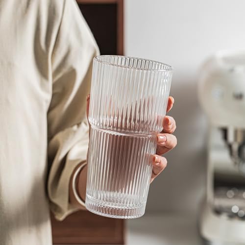 INSETLAN 20oz Ribbed Glass Tumblers Set of 4 - Iced Coffee & Drinkware