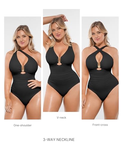 SHAPELLX X-Large Black Tummy Control One-Piece Swimsuit for Women V-Neck Ruched Shapewear Bathing Suit