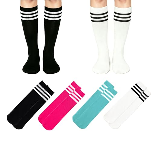 LPMOERA 4 Pairs Toddler Knee High Athletic Soccer Socks for Boys Girls - 1-4T Hot Pink/Black/Lake Blue
