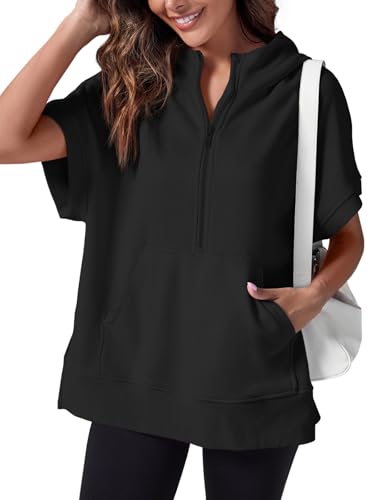 Fisoew Womens Oversized Half Zip Hoodies Short Sleeve Casual Sweatshirt with Pockets