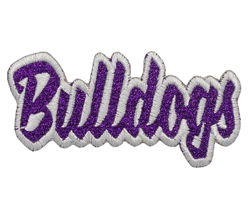 Embroidered Bulldogs Mascot Team Name Patch - Purple Glitter/White Outline