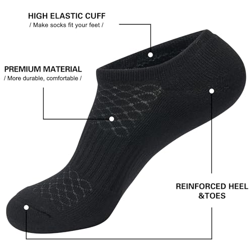Mens Cotton Cushioned No Show Socks Medium-Large 6 Pairs Black - Athletic Low Cut Socks