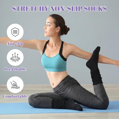 Anti-Slip Pilates Socks with Grips - Ruffle Yoga Crew Socks - Black White Gray Purple