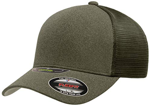 Flexfit Unisex Melange Trucker Cap Large-X-Large Olive - Structured Hat with Embroidery