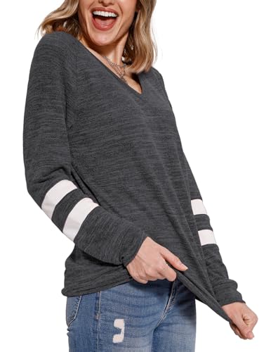 V-Neck Long Sleeve Sweatshirt - Women's Fall Fashion - L-Gray, X-Large