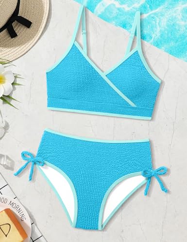 Girls' Color Block V Neck Two Piece Swimsuit with Bow Tie
