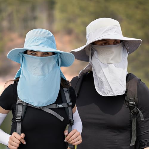 Wide Brim Fishing Hat for Men & Women - Blue with Face Cover & Neck Flap - UPF 50+
