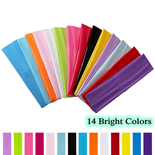 14 Pcs Colorful Cotton Yoga Headbands - Elastic Sweatbands Set