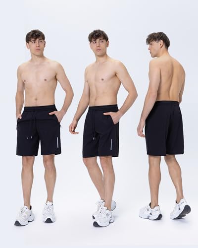 JWJ Mens Athletic Gym Shorts 3 Pack - Large Black / Dark Grey / Army, Quick Dry with Zipper Pockets